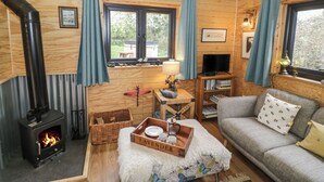 A cozy cabin interior with a wood-burning stove, a sofa, a television, and a dining area with a tray labeled "LAVENDER". - Dragonfly (Rugby)