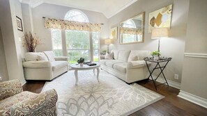 Smart TV, fireplace, DVD player, books