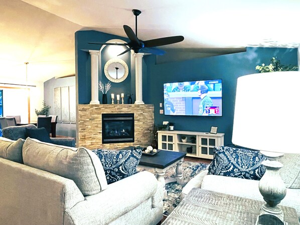 Smart TV, fireplace, video games