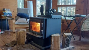 A cozy cabin interior with a wood-burning stove, wooden walls, and large windows.