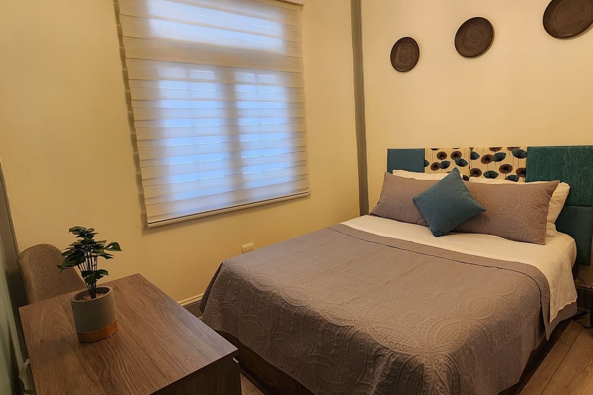 Ein ordentlich eingerichtetes Schlafzimmer mit Bett, Nachttisch, Lampe und einer Topfpflanze.