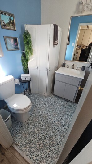 Dusche, umweltfreundliche Kosmetikartikel, Haartrockner, Handtücher