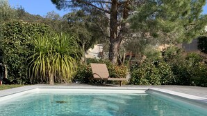 En krystalklar swimmingpool med en liggestol og et træ i baggrunden.