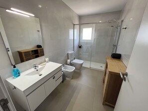 Shower, hair dryer, bidet, towels