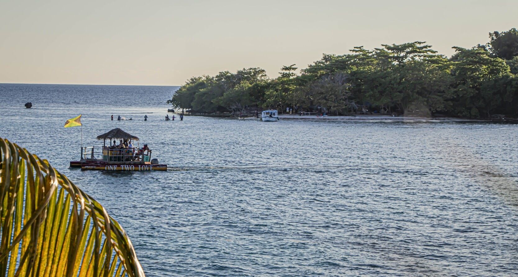 A boat with a covered seating area on a calm body of water, surrounded by trees and a distant shoreline.