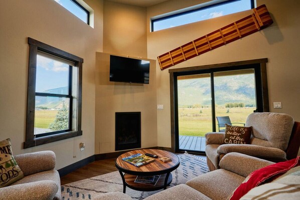 Smart TV, fireplace, books