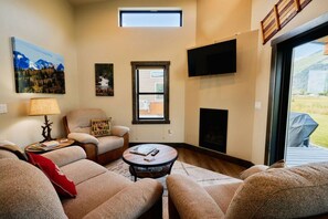 Smart TV, fireplace, books
