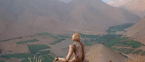 A statue of a seated figure on a rocky outcrop with a view of a valley and mountains in the background.