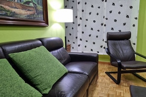 Ein Zimmer mit einer schwarzen Ledersofa, einem grünen Kissen, einem schwarzen Stuhl, einer Lampe und einem gemusterten Vorhang.