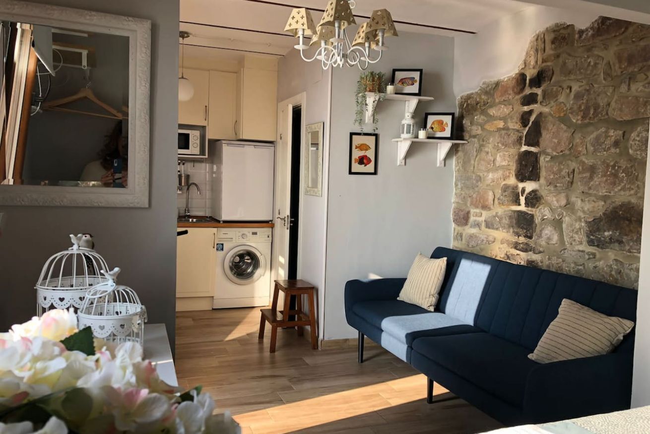 Una sala de estar con un sofá azul oscuro, una pared de piedra, una lavadora y un colgador de techo.