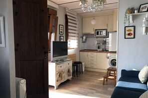 Un espacio habitable compacto con kitchenette, televisión, sofá y una puerta de madera.
