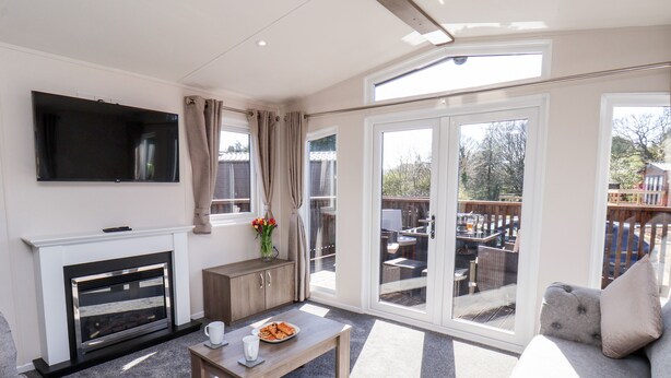 Een moderne woonkamer met een open haard, een flatscreen televisie, een eettafel met eten en een bank.