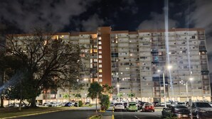 Un parcheggio a più piani con auto disposte in file, circondato da alberi e lampioni.
