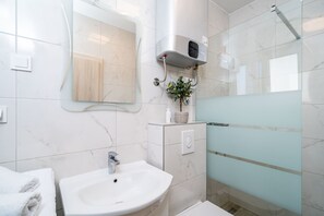 Shower, hair dryer, towels