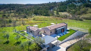 Une maison moderne à deux étages, dotée d’un grand patio et entourée d’un vignoble et d’une colline boisée.