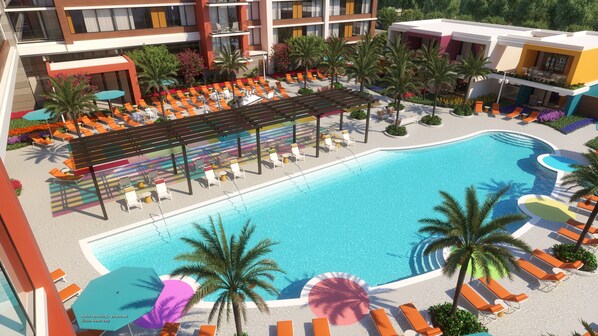 Ulkouima-allas, maksullisia cabañoita, aurinkovarjoja