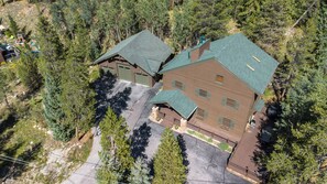 A two-story house with a green roof, surrounded by dense forest.