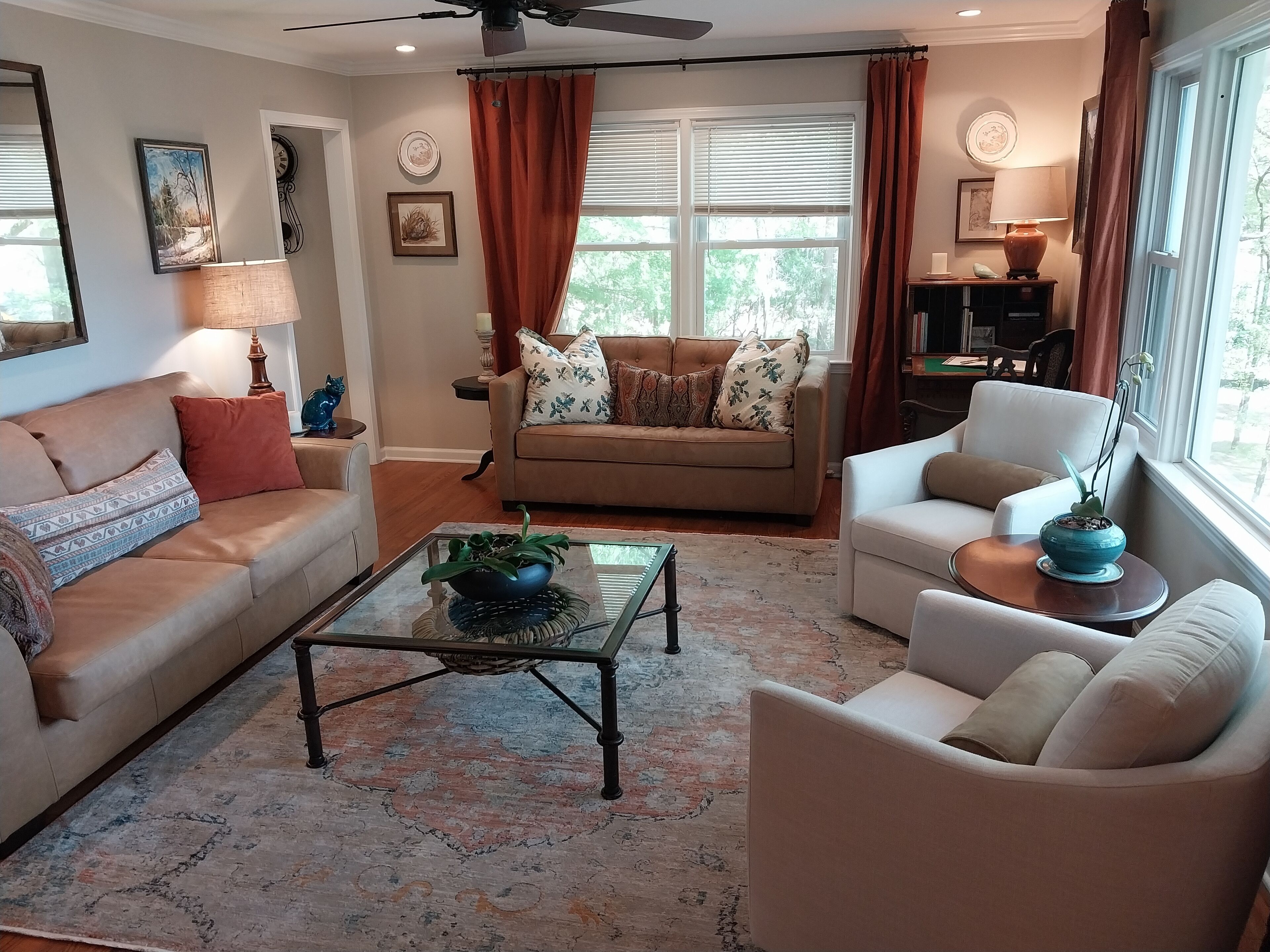 Smart TV, fireplace, DVD player, books