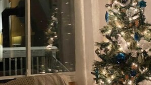 Une pièce chaleureuse avec un sapin de Noël, une fenêtre avec des rideaux et une pancarte indiquant « Résidence au bord du lac ».