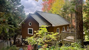 Een chalet met schuin dak, omgeven door dicht bos.