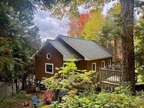 A cabin with a sloped roof, surrounded by dense forest. - Bellefeuille Waterfront Cottage (Saint-Adolphe-d'Howard)