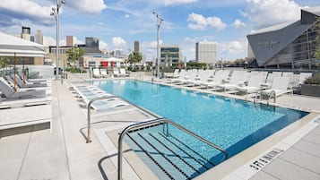 Seasonal outdoor pool, pool umbrellas, pool loungers