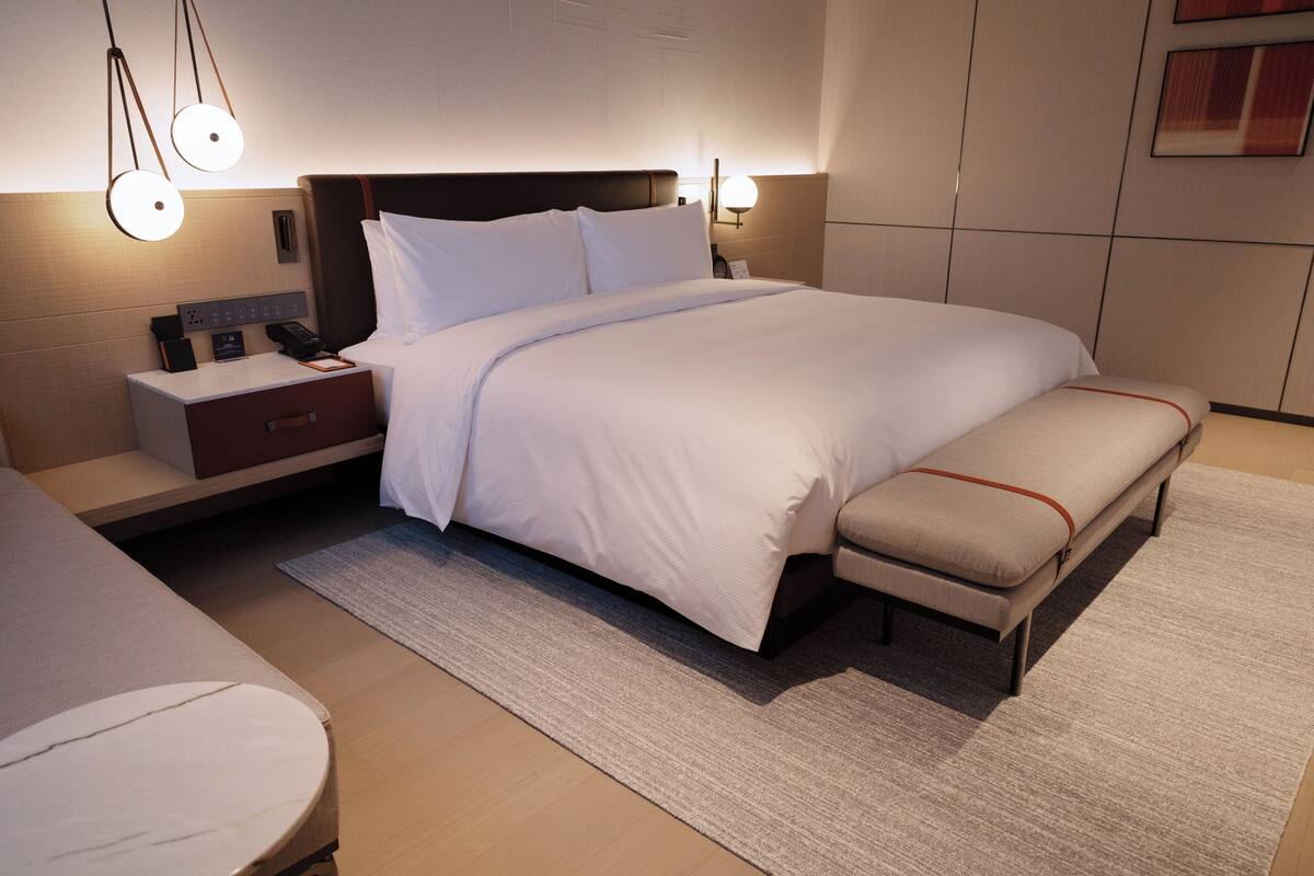 A modern hotel room with a neatly made bed, bedside tables, and a bench.