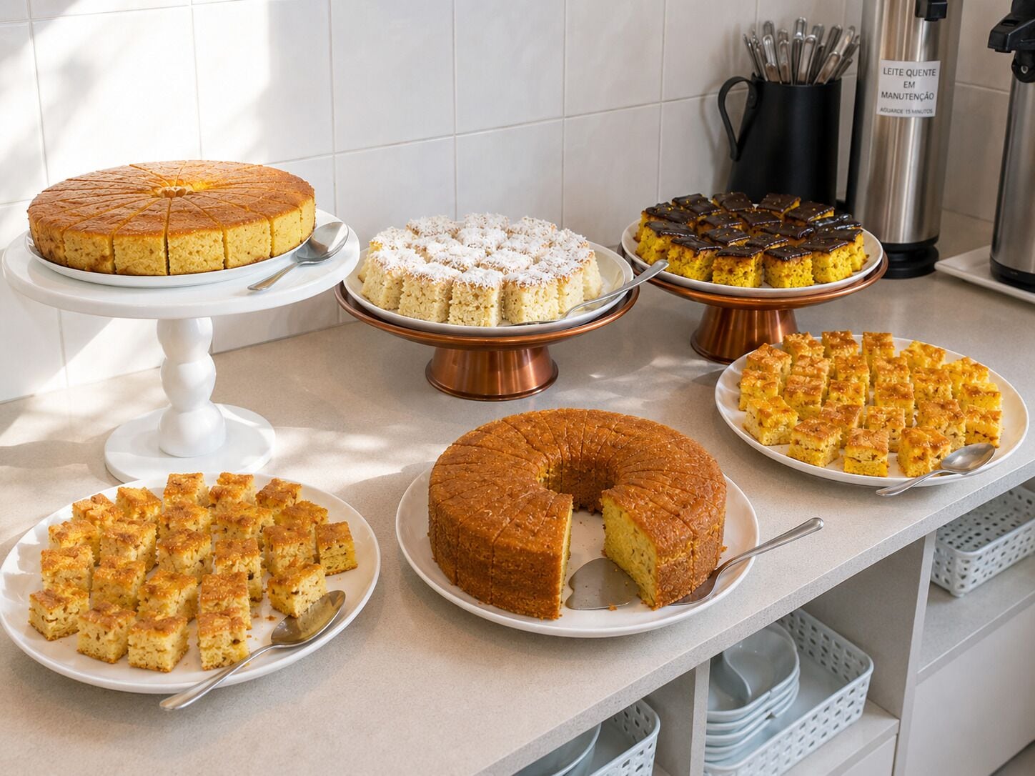 A kitchen counter with various baked goods displayed on plates and stands.