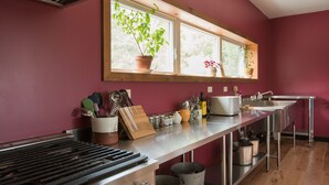 A kitchen with a long countertop, pots and pans, and potted plants by the windows. - Country Cottage on 80 acres (Burk's Falls)