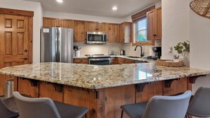 Fridge, microwave, oven, stovetop - Luxury Breck Condo • Ski-In/Gondola-Out Access & Resort Pool View (Breckenridge)