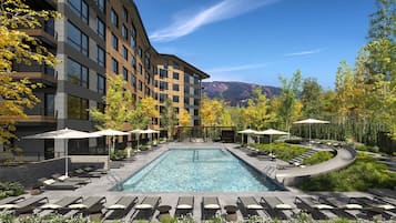 Outdoor pool, pool umbrellas, pool loungers