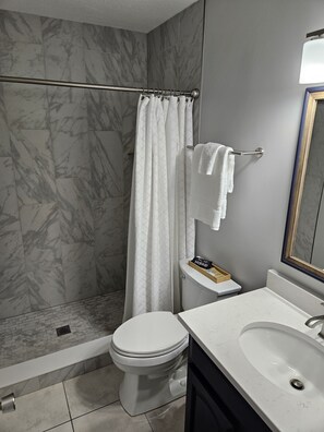 Shower, hair dryer, towels, soap