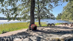 Ein Picknickbereich am Seeufer mit Bänken und Picknicktischen, umgeben von Bäumen und Seeblick.