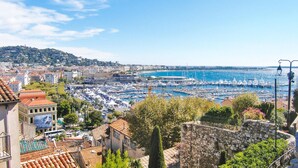 Un paisaje urbano costero con un puerto deportivo lleno de yates, edificios históricos y una colina al fondo.