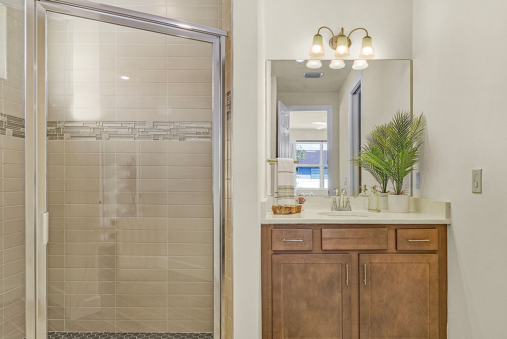 A bathroom with a glass shower enclosure, a wooden vanity with a mirror, and a potted plant.