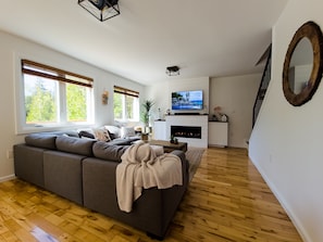 Smart TV, lareira, DVD player, livros