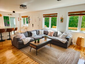 Smart TV, fireplace, DVD player, books