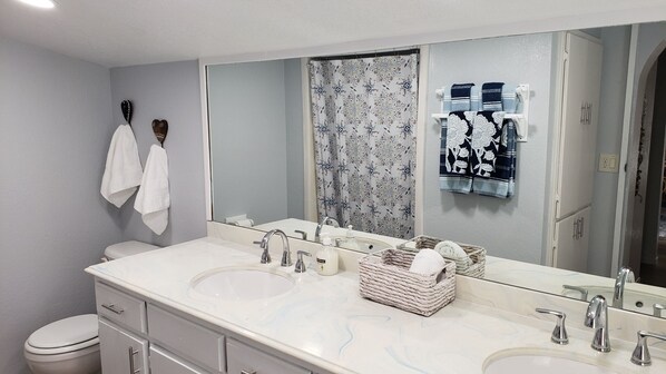 Shower, hair dryer, towels, soap