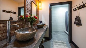 Shower, hair dryer, towels