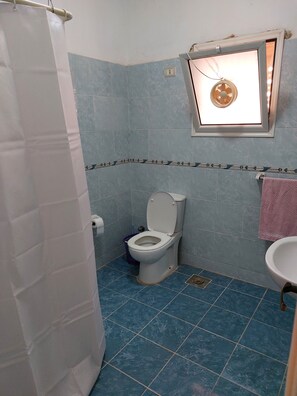 Une salle de bain avec des toilettes, un lavabo et un rideau de douche.