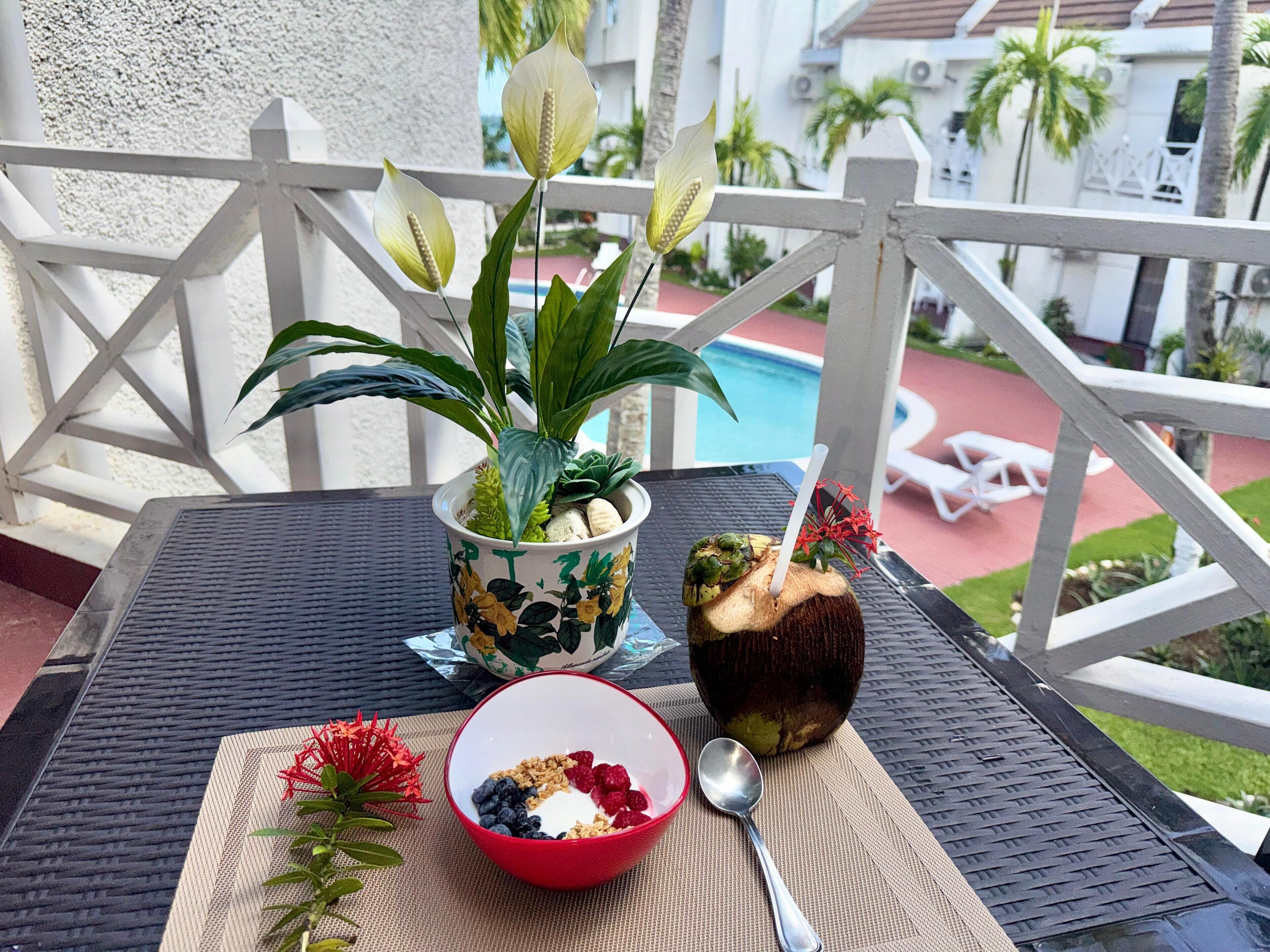 Un balcon avec un pot de fleurs, un bol de yaourt aux fruits rouges et une boisson à la noix de coco sur un plateau.