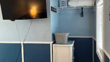 1 bedroom, desk, iron/ironing board, travel cot