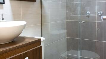 Hair dryer, towels, soap, shampoo