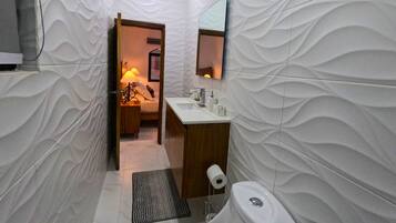 Hair dryer, towels, soap, shampoo