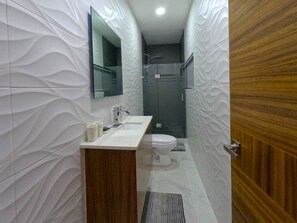 Hair dryer, towels, soap, shampoo
