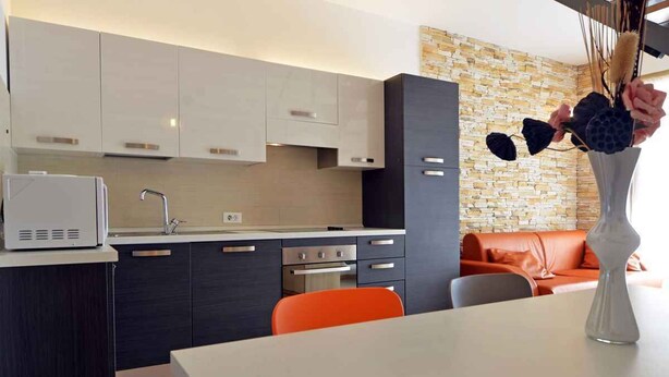A modern kitchen with white cabinets, a black refrigerator, and a white toaster. There is a vase with flowers on the dining table. - Villa with pool near the beach (Banjole)