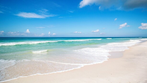 Una playa con agua azul cristalina y una orilla arenosa.