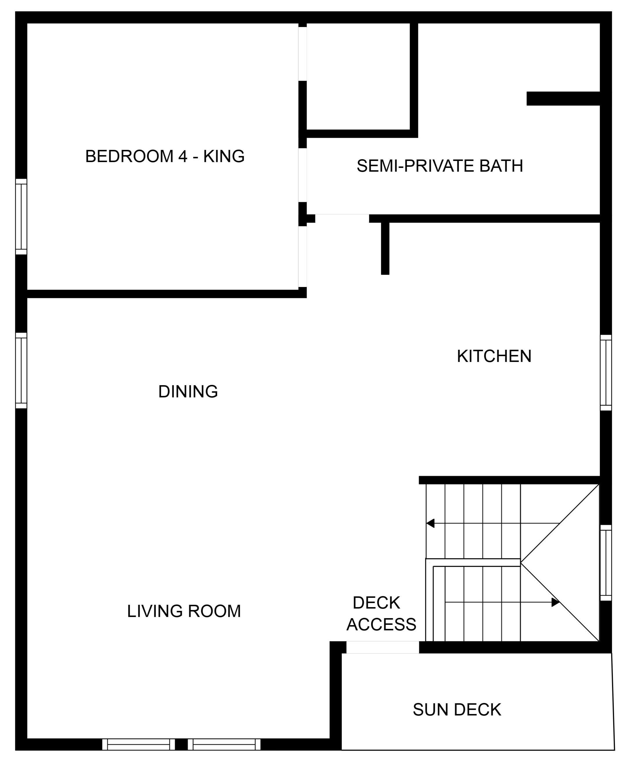 Un plan d’étage comprenant une chambre avec un très grand lit, une salle de bain semi-privée, un coin repas, une cuisine, un salon, un accès à une terrasse et une terrasse ensoleillée.