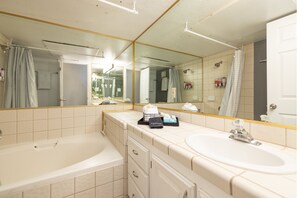 Combined shower/tub, hair dryer, towels