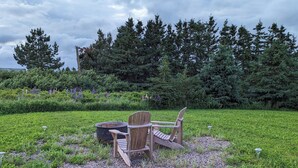 An outdoor seating area with Adirondack chairs and a fire pit, surrounded by a grassy field and dense trees.